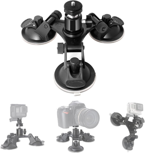 3-Cup Action Camera Suction Cup Mount Motion Camcorder Car Windshield Hood Door Trunk Lid Holder/w Ball Head Compatible with GoPro Sony DJI OSMO A...