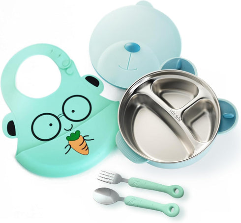 Double-Layer 316 Stainless Steel Baby Bowls with Non-Slip Silicone Suction Cup Insulated Toddler Bowls with Airtight Lids Dinner Plates Set with F...