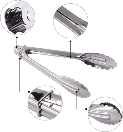 Mini Stainless Steel Food Tongs with Silding Rings 7-Inch - Set of 6 - Small Clam Shell Service Tongs for Serving Appetizers, Desserts, Salads, Ba...