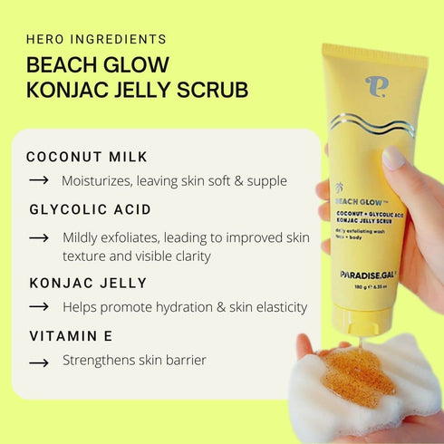 Gentle Exfoliating Scrub for Face & Body by ParadiseGal - Korean Skincare Set with Coconut & Glycolic Acid Jelly Scrub + Konjac Sponge & Bag - Ide...