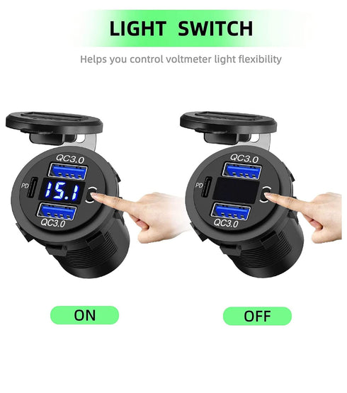 12V USB Outlet, Dual USB Quick Charge 3.0 Port & PD USB C Car Charger Socket with Voltmeter and Power Switch for Car Boat Marine Truck 2 Pack......