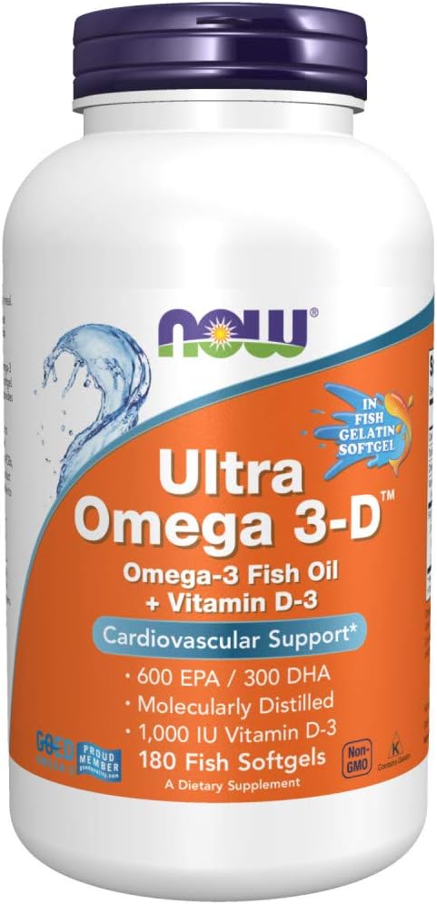 NOW Supplements, Ultra Omega 3-D™, Omega-3 Fish Oil + Vitamin D-3, Cardiovascular Support*, 180 Softgels...