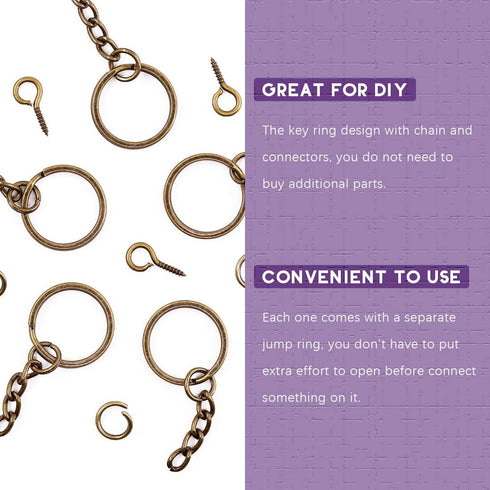 Swpeet 450Pcs 4/5 Inch 20mm Bronze Flat Key Chain Rings Kit, Including 150Pcs Split Keychain Rings with Chain and 150Pcs Jump Ring with 150Pcs Scr...