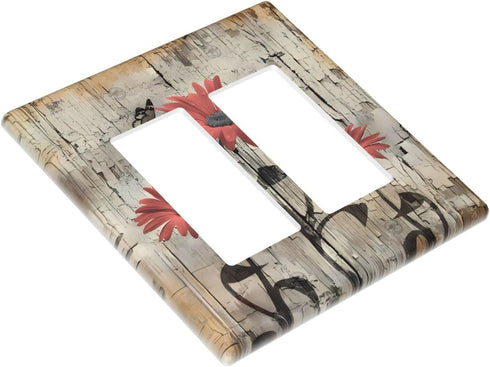 Red Brown Wood Butterfly Daisy Rustic Double Decor Light Switch Cover Decorative 2 Gang Rocker Wall Plate Electrical Switchplate GFCI Faceplate fo...