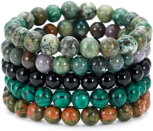 BOMAIL 5PCS Semi-Precious Gemstone Bracelet - Healing Crystal Stone Beaded Bracelets for Women Men 8mm Round Beaded Stretch Bracelets Unisex Yoga ...