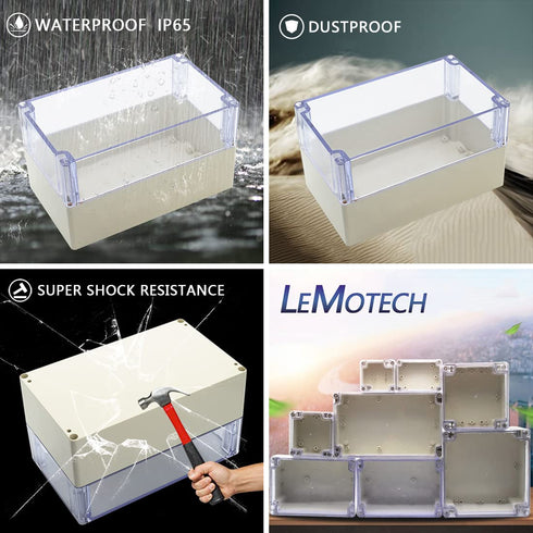 LeMotech ABS Plastic Junction Box Dustproof Waterproof IP65 Electrical Enclosure Box Universal Project Enclosure Grey with PC Transparent Clear Co...