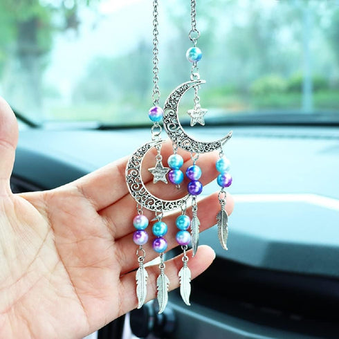 Pair of Mini Dream Catcher Car Rearview Mirror Accessories Charms Pendant Interior Hanging Ornaments (Moon)...