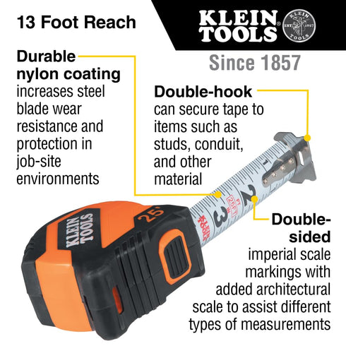 Klein Tools 9525 Tape Measure, 25-Foot Compact Double-Hook Imperial Measuring Tape with Finger Brake, Nylon Blade, Easy to Read Bold Lines...