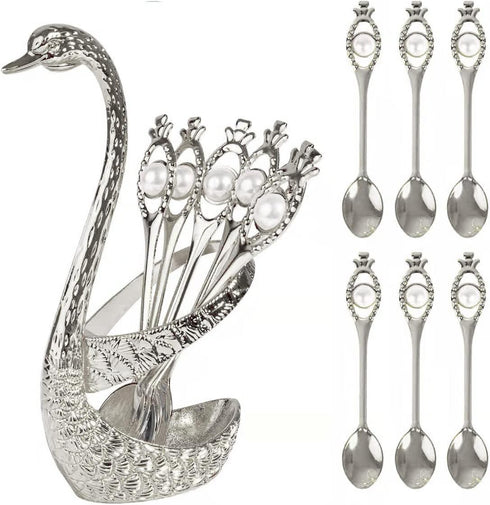 Metal Coffee Dessert Spoon Set, Swan Base Holder Spoon Organizer with 6pcs Spoons for Coffee, Fruit,Dessert,Stirring, Mixing, Sugar, Stir, Ice Cre...