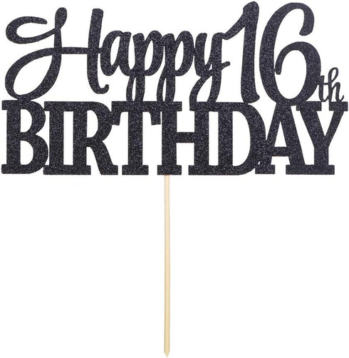 PALASASA Black Glitter Happy 16th Birthday cake topper - 16 Anniversary Party Decoration (16th)...
