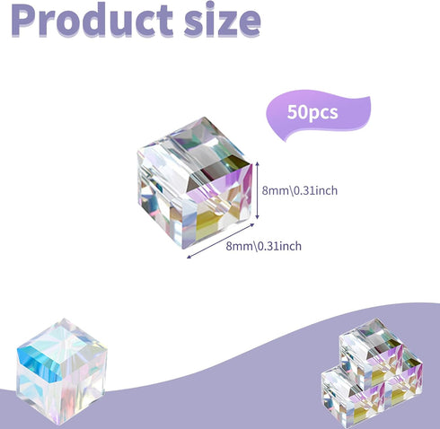 50 Pieces Crystal Cube Beads, 8mm Square Glass Beads for Jewelry Making, Clear Loose Beads Jewelry Crafts Making Supplies for DIY Bracelet Necklac...