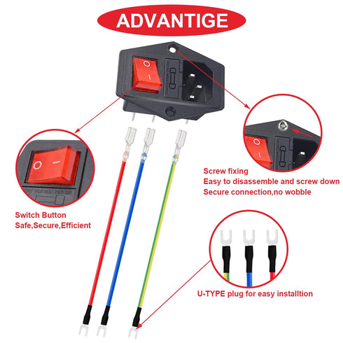3Pcs AC 10A 15A 250V Rocker Switch Power Socket Inlet Module Plug, 3 Pin IEC320 C14 10A Male Power Switch with 6Pcs Mounting Screws,9Pcs 18 AWG Ex...