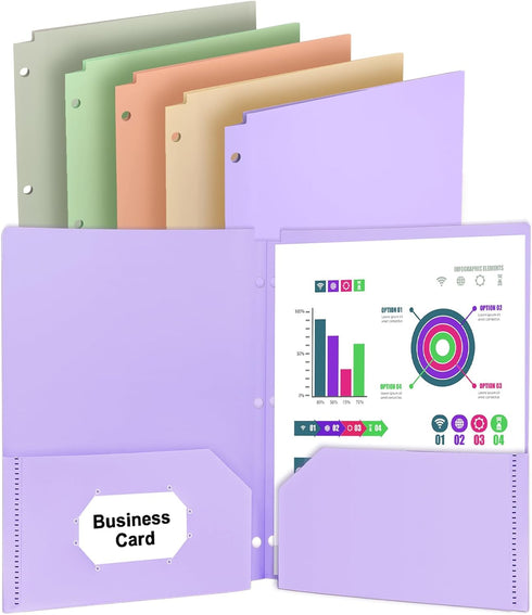 3 Ring Folders with Pockets, 5 Pcs Pastel File Folders with Business Card Holder, Letter Size Plastic Folders Aesthetic Binder Folders for Documen...