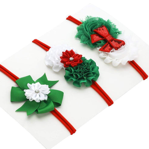 Baby Girl Nylon Christmas Headbands/Green Red White Sequin Bowknot - Pack of 3 (Satin Flower Set)...