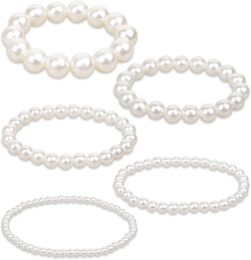 5 Pcs White Pearl Bracelets for Women, White Stretch Bridesmaid Pearl Bracelets Bridal Wedding Elastic Bracelets Stackable Faux Pearl Bracelets fo...