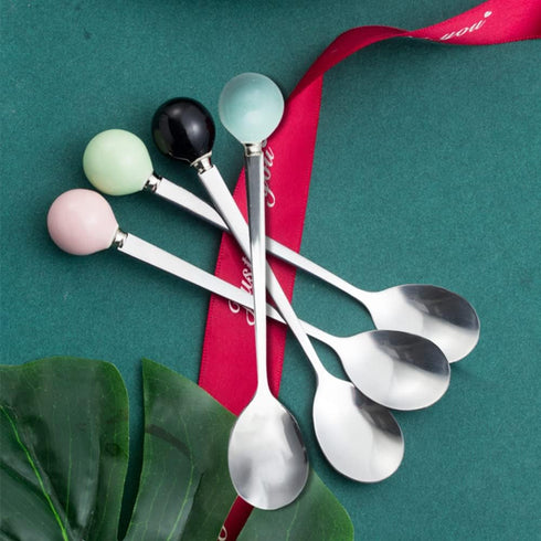 Stainless Steel Coffee Spoon,Teaspoon,Sugar Spoon,Korean Dessert Spoon with Ceramic Ball, Spoons 4 Pieces 5.5 Inches Green...