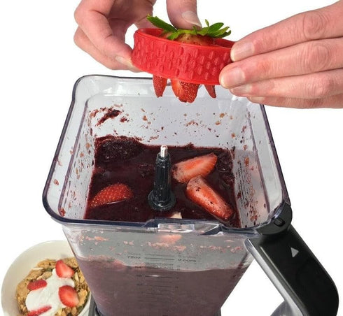 PushBerry 2-in-1, One Step Kid-Friendly Strawberry Stem Removal, Hull, and Slice Tool, Red...