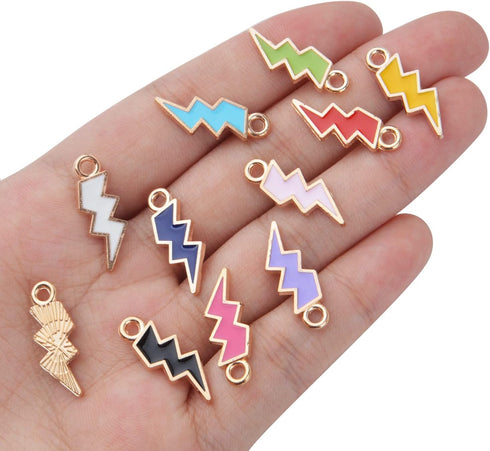 BronaGrand 50pcs Enamel Lightning Bolt Charm Pendants Gold Plated Alloy Flash Lightning Charm Celestial Dangle Charms for Bracelet Necklace Earrin...