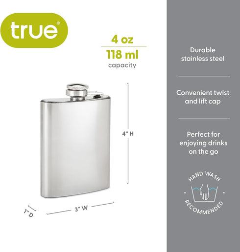 True 4 oz Stainless Steel Flask, Compact and Durable Hip Flask with Twist-and-Lift Lid, Drinking Flasks for Vodka Whiskey Tequila Rum Cocktails, T...