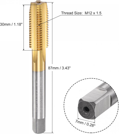 uxcell Straight Flute Taps, M12 x 1.5 Metric Left Hand Titanium Coated M35 Cobalt High Speed Steel Machine Tapping Screw Thread Milling Tap Machin...