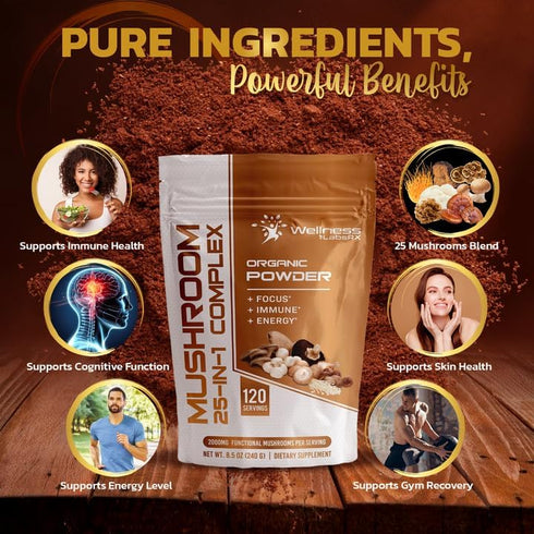 Mushroom Powder, 25 in 1 Mushrooms Lions Mane Powder Organic - 2000mg - Mushroom Supplement, 25 Superfood Mushrooms, Chaga, Shiitake Mushrooms, Co...