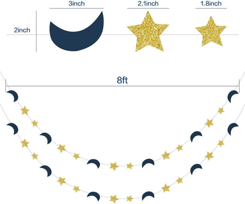 Moon and Star Garland Decorations - Navy Gold Glitter Outer Space Birthday Party Hanging Decorations for Honey Moon Wedding Engagement and Baby Sh...