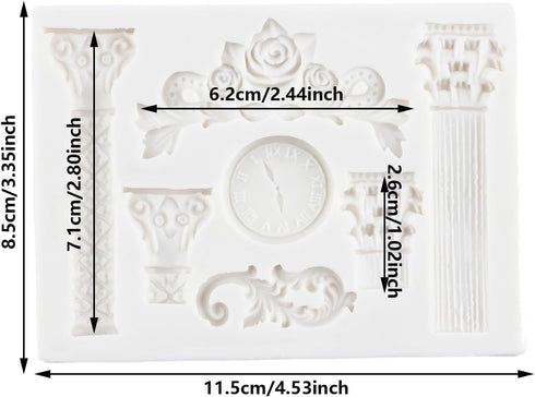 Roman Column Silicone Fondant Mold Greek Marble Pillars Relief Retro European Pattern Clock Chocolate Candy Molds for Cake Decorating Cupcake Topp...