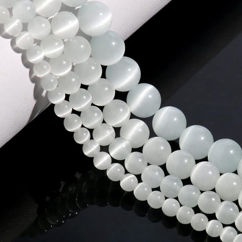Yochus 8mm White cat-Eye Round Loose Beads Natural Stone Beads for Jewelry Making...