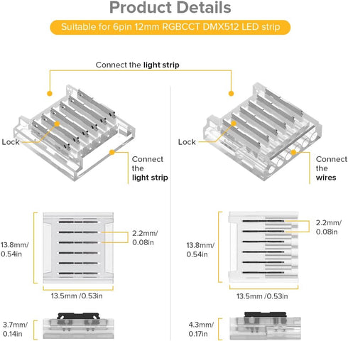 BTF-LIGHTING SMD 6 Pin 12mm 0.47in Width Transparent Connector Kit 8pcs Corner Connector 4pcs Gapless Solderless Connector 4pcs 5.9in Long 22AWG E...