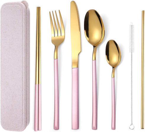 AARAINBOW 7 Pieces Stainless Steel Flatware Set Portable Reusable Cutlery Set Travel Utensils Set Including Chopsticks Knife Fork Spoon Straws Cle...