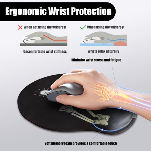 Ergonomic Mouse Pad with Wrist Rest Support, Gothic Skull Skeleton Black Small Mousepad with Non-Slip Pain Relief Rubber Base, Cute Gaming Mouse P...