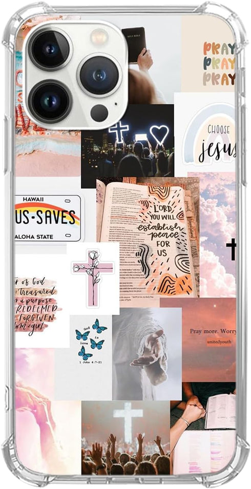 Christian Bible Verses Phone Case for iPhone 15 Pro Max, Christian Picture Collage Cover for Teens Men Women, Trendy TPU Bumper Clear Case Cover f...