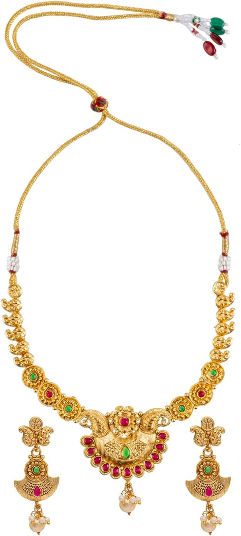 Gold Plated Traditional Indian Kundan,CZ, Pearl Studded Adjustable Dori Necklace with Matching Earrings Jewellery/Jewelry Set for Women (SJN_210)...