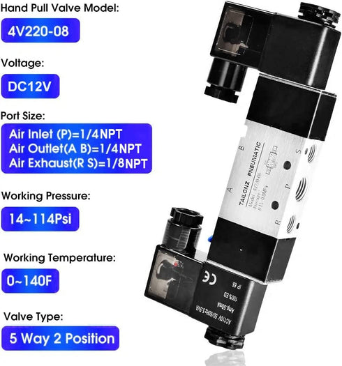 TAILONZ PNEUMATIC Solenoid Valve 4V220-08 DC12V 1/4"NPT Double Coil Pilot-Operated Electric 2 Position 5 Way Connection Type Black...