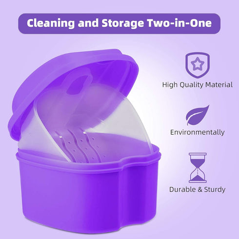 Denture Soaking Cup Dental Retainer Case Cleaning with Strainer Basket, Orthodontic Bath Box Mouthguard Storage Holder - Purple...