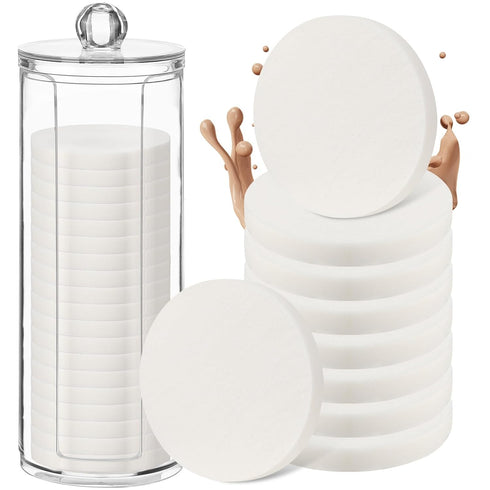20 Pcs White Makeup Sponge with Acrylic Container Round Powder Puff Cosmetic Sponge Round Foam Pad Beauty Makeup Foundation Powder Blender for Wet...