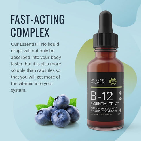 Mt. Angel Vitamins - B12 Essential Trio - Vegan Sublingual Drops with High-Potency Methyl B12, B6 & Folate - Easy Absorption Liquid - Non-GMO, Mad...