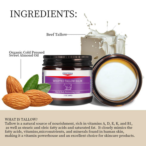 ENVISHA Handmade Whipped Tallow Cream - for Face and Body, Nourishing and Hydrating Skin, 100% Organic Grass-Fed Tallow, All Natural Daily Skin Ca...