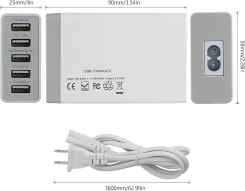 Desktop 5 Port USB Wall Charger 40W 8A, USB Hub Charging Station for Multiple Devices, Protable Multi Port USB Charger for Cell Phone, Tablet, And...