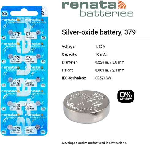Renata 379 SR521SW Batteries - 1.55V Silver Oxide 379 Watch Battery (10 Count)...