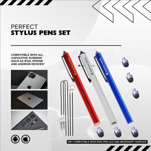 The Friendly Swede Set of 3 Fiber Tip Stylus Pens for Touch Screens, Stylus Pen for iPad, iPad Pen, iPad Stylus - Retail Packaging - Incl. 6 Lanya...