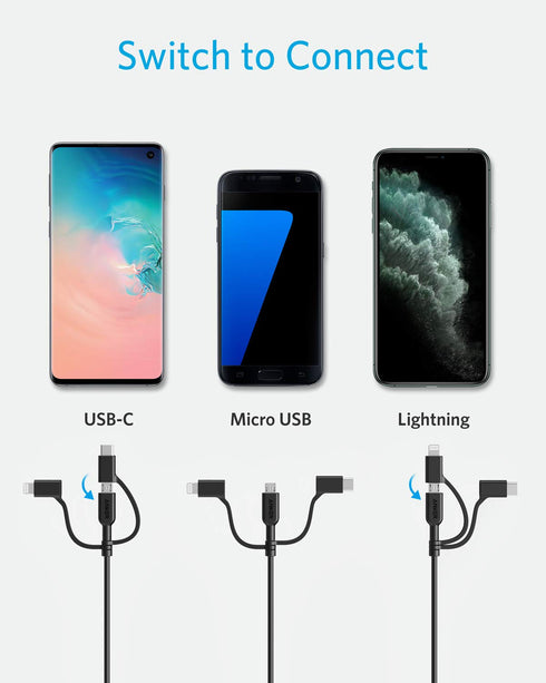 Anker Powerline II 3-in-1 Cable, Lightning/Type C/Micro USB Cable for iPhone, iPad, Huawei, HTC, LG, Samsung Galaxy, Sony Xperia, Android Smartpho...