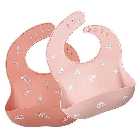 ROCCED Baby Silicone Bibs 2 Sets Baby Bibs with Food Catcher for Girls Boys Toddlers BPA Free Waterproof Soft Adjustable for Babies-Soft Pink/Pale...