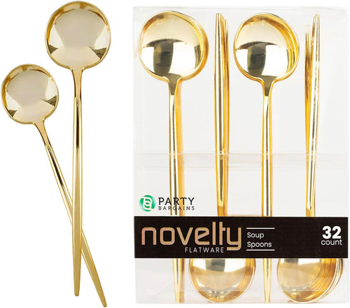 Party Bargains Disposable Plastic Flatware Soup Spoon Utensils, 32 Pack, Gold, Novelty Modern Design Kitchen Silverware Cutlery, Excellent Use for...