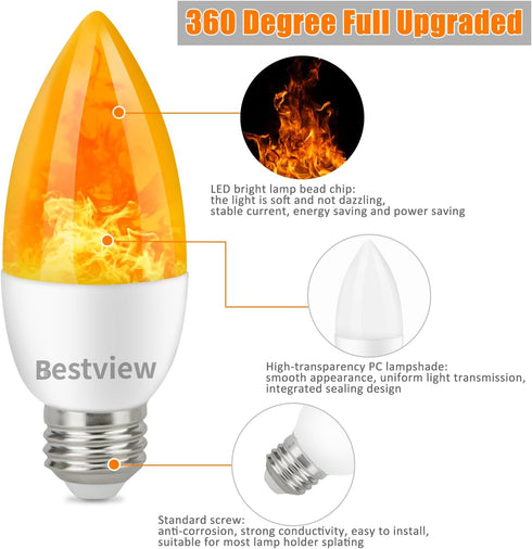 Bestview Flickering Light Bulbs,3 Modes Led Flame Effect Light Bulbs, Smart E26/E27 Chandelier Base Candle Fire Light Bulb for Halloween, Christma...