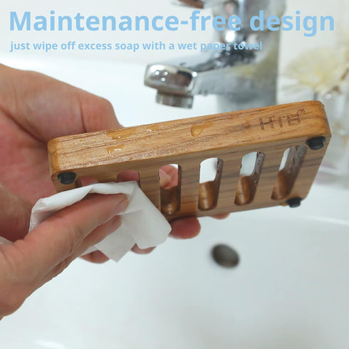 Slotted Soap Dish 2 Pack Teak Wood by HTB, Kitchen Wooden Sponge Holder, Self Draining Soap Dish for Shower, Sink, Bathroom, Bathtub, RV...