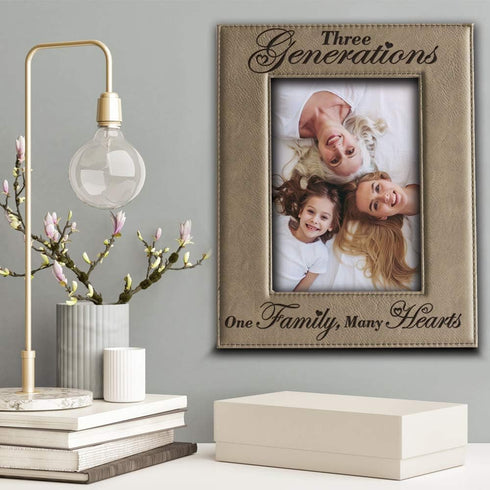 BELLA BUSTA- Three Generations- One Family Many Hearts-Engraved Leather Picture Frame- Mother's Day, Father's Day Gifts-Mom and Dad Gifts-Family P...
