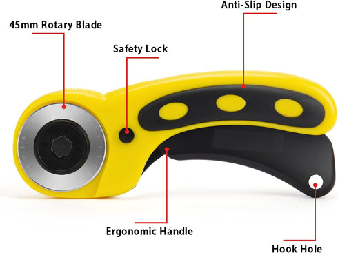 WORKLION Ergonomic Rotary Cutter Set: Safety Lock, 2 Replacement Blades for Sewing, Quilting, Scrapbooking & Arts & Crafts...