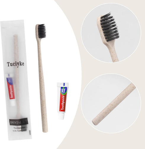 Tuciyke Disposable Toothbrush with Toothpaste Set Pack of 25,Straw Apricot Individually Wrapped Manual Travel Toothbrush Kit in Bulk Toiletries fo...