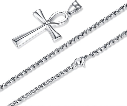 Stainless Steel Coptic Ankh Cross Religious Pendant Necklace for Men Women, 20-24 Inches Chain...